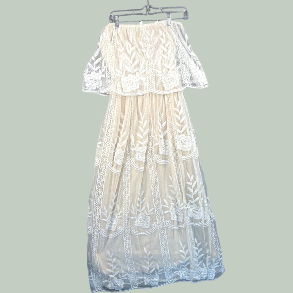Womens M Maxi Dress, Ticbon, Ivory, Embroidered Mesh Lace Boho Off-Shoulder